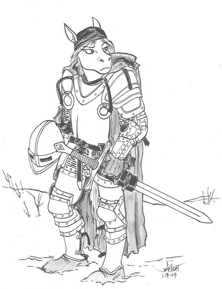 2019 anthro armor cape clothing equine female frown gauntlets gloves helmet horse inner_ear_fluff knight looking_back mammal melee_weapon monochrome outside rabbi-tom red_shetland simple_background solo standing sword weapon