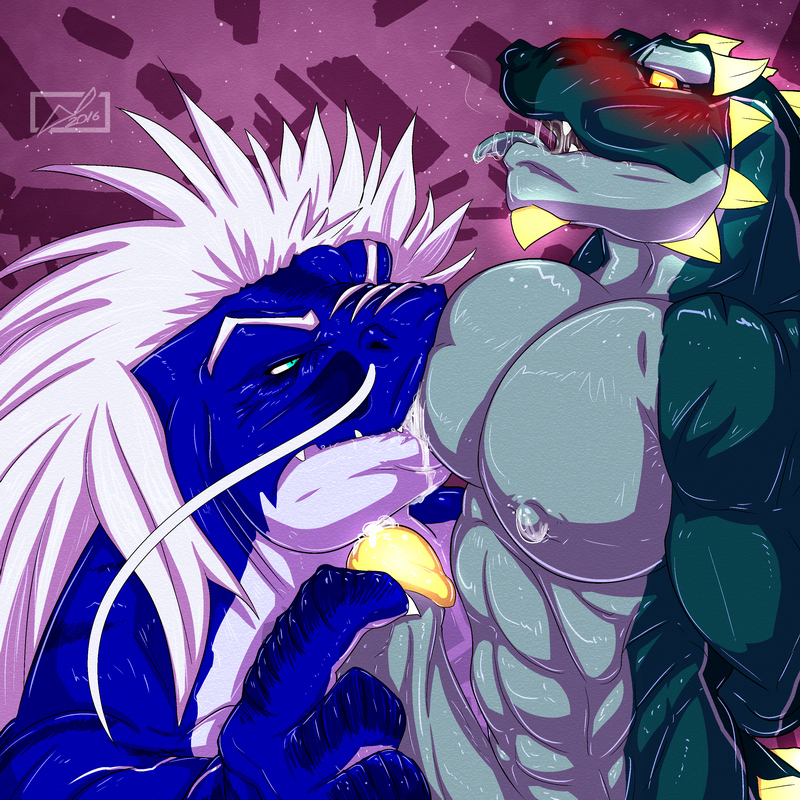 2016 3_fingers abs biceps blue_eyes blue_markings blue_scales blush breastfeeding colored danandnite digital_drawing_(artwork) digital_media_(artwork) dinosaur dragon duo eastern_dragon eye_contact fangs flesh_whiskers grey_nipples grey_penis grey_scales grey_tongue hair hekar horn huge_muscles humanoid_penis hyper hyper_penis lactating light male male/male male_lactation manly markings multicolored_penis multicolored_scales muscular muscular_male nipple_suck nipples nite_(danandnite) no_sclera obliques pecs penis purple_background scales scalie serratus shaded side_view signature simple_background snout sucking theropod two_tone_penis two_tone_scales white_claw white_eyebrows white_hair white_scales yellow_eyes yellow_horn yellow_penis