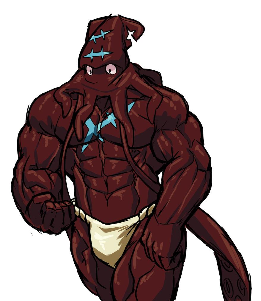 5_fingers abs biceps big_biceps calamari cephalopod clothed clothing colored cyan_markings cyan_scales fist front_view fundoshi giant_squid hair huge_muscles humanoid_hands japanese_clothing long_hair looking_down male manly marine markings muscular muscular_male navel pecs plain_white portrait quads red_scales samudra_aquarium scales scalie scar serratus shaded simple_background solo squid standing tentacle_hair tentacles three-quarter_portrait toony topless triceps underwear white_background white_bottomwear white_clothing