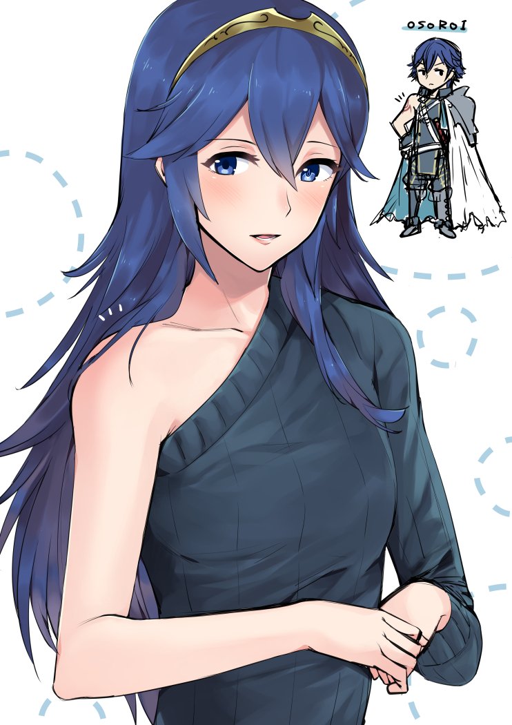 1girl :d a_meno0 asymmetrical_clothes asymmetrical_sleeves blue_eyes blue_hair blue_sweater collarbone fire_emblem fire_emblem:_kakusei hair_between_eyes hairband krom long_hair long_sleeves looking_at_viewer lucina nintendo open_mouth ribbed_sweater shiny shiny_hair smile solo sweater upper_body very_long_hair yellow_hairband