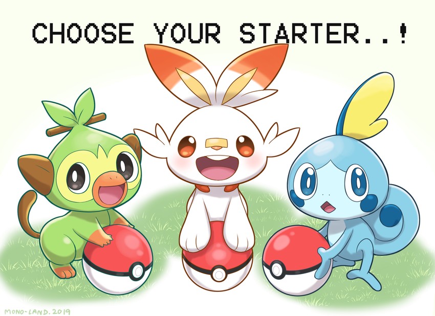 2019 ambiguous_gender english_text feral flora_fauna grass grookey group holding_object holding_pok&eacute;ball invalid_tag lagomorph leaf mammal mono_land nintendo outside plant pok&eacute;ball pok&eacute;mon pok&eacute;mon_(species) primate reptile scalie scorbunny sobble standard_pok&eacute;ball starter_trio text video_games