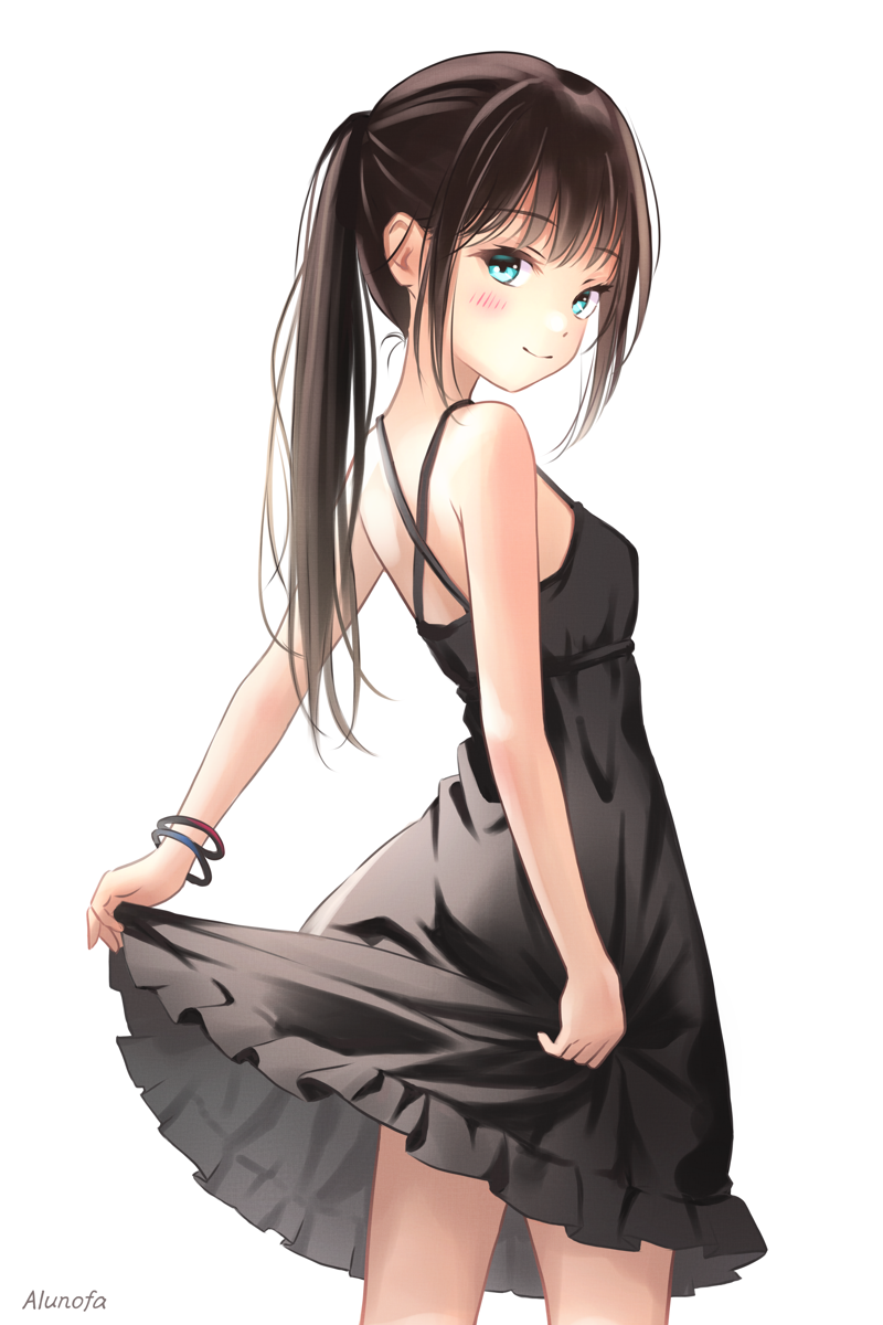 1girl aqua_eyes arm_at_side armband bare_arms bare_shoulders black_dress blush breasts brown_hair closed_mouth clothes_lift cowboy_shot dress dress_lift frilled_dress frills from_side highres lifted_by_self long_hair looking_at_viewer looking_to_the_side original ponytail short_dress sidelocks sideways_glance simple_background small_breasts smile solo standing straight_hair sundress white_background yuluvine