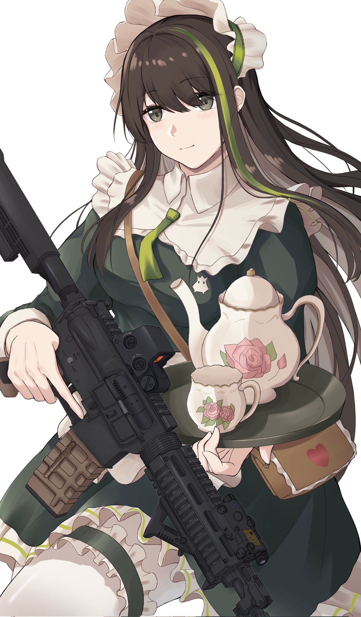 1girl apron assault_rifle breasts brown_hair citrus7763 cup girls'_frontline green_hair grey_eyes gun highres large_breasts light_blush light_smile long_hair looking_at_viewer m4_carbine m4a1_(girls'_frontline) maid maid_apron maid_headdress multicolored_hair pantyhose rifle solo streaked_hair teacup teapot thigh_strap trigger_discipline very_long_hair weapon white_pantyhose