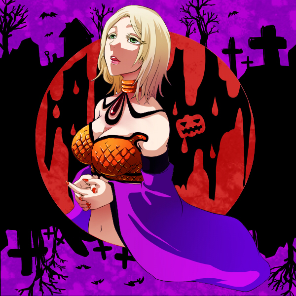 1girl bare_tree bat_(animal) bikini blonde_hair breasts brown_bikini cleavage commentary_request cropped_torso detached_sleeves fingernails flowery_peko gem graveyard green_eyes gypsy_(ragnarok_online) large_breasts nail_polish navel open_mouth own_hands_together parted_bangs purple_background purple_sleeves ragnarok_online red_gemstone red_nails short_hair solo strapless strapless_bikini swimsuit tombstone tree upper_body