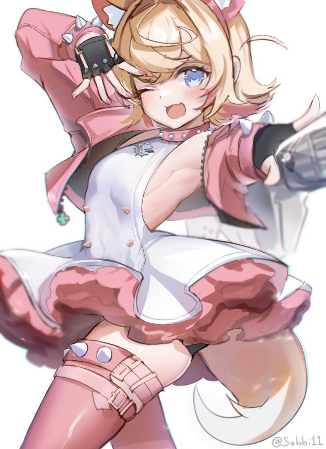 1girl animal_ear_fluff animal_ears black_gloves blonde_hair blue_eyes blush breasts collar cosplay cropped_jacket dog_ears dog_girl dog_tail dress elphelt_valentine elphelt_valentine_(cosplay) fang fingerless_gloves gloves guilty_gear guilty_gear_strive hololive hololive_english jacket looking_at_viewer mococo_abyssgard multicolored_hair nail_polish one_eye_closed open_mouth pink_collar pink_hair pink_jacket pink_nails pink_thighhighs short_hair skin_fang small_breasts smile sobbi11 solo spiked_collar spikes streaked_hair tail thighhighs virtual_youtuber white_dress