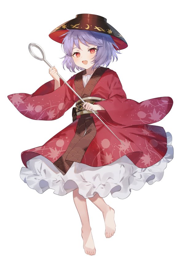 1girl barefoot black_headwear bowl bowl_hat brown_sash commentary_request full_body hat holding holding_needle japanese_clothes kimono long_sleeves looking_at_viewer needle obi open_mouth petticoat print_kimono purple_hair red_eyes red_kimono sash seigaiha short_hair simple_background solo sorani_(kaeru0768) sukuna_shinmyoumaru touhou white_background wide_sleeves