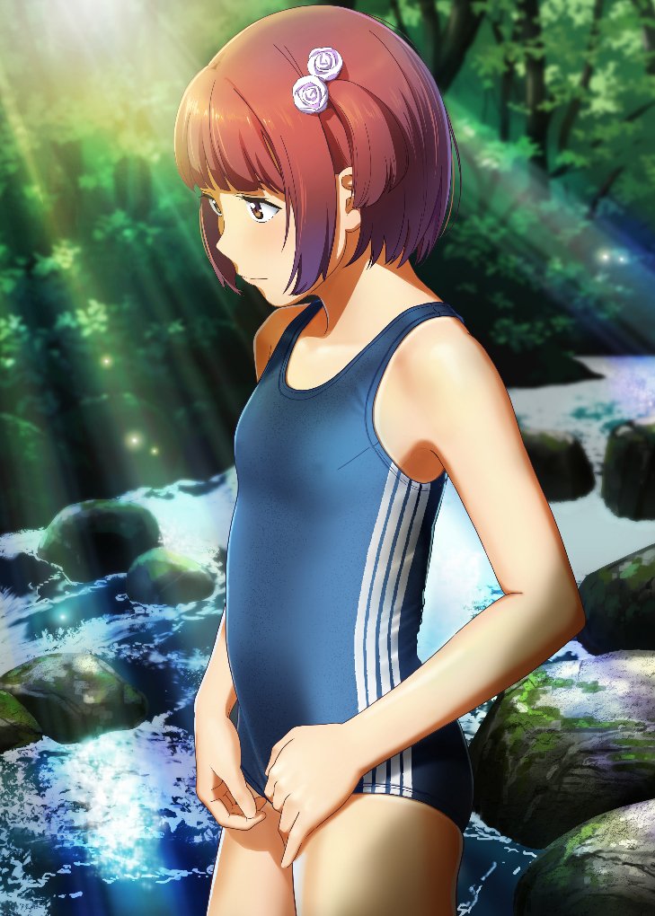 1girl blue_one-piece_swimsuit breasts brown_eyes brown_hair commentary_request cowboy_shot dappled_sunlight flower hair_flower hair_ornament hiyori_mizuki looking_to_the_side nature one-piece_swimsuit one_side_up original outdoors school_swimsuit short_hair small_breasts solo stream sunlight swimsuit water