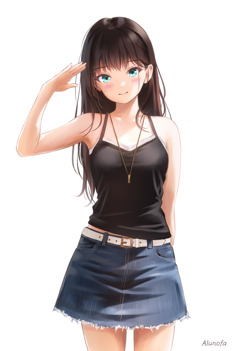 1girl aqua_eyes arm_at_side arm_up bare_arms bare_shoulders belt black_camisole blue_skirt blush brown_hair camisole closed_mouth cowboy_shot denim denim_skirt hand_to_head head_tilt highres jewelry long_hair looking_at_viewer midriff_peek miniskirt necklace original sidelighting simple_background skirt solo standing straight-on straight_hair white_background white_belt yuluvine