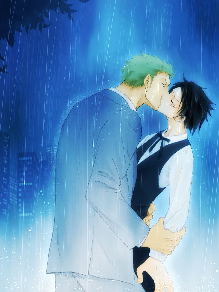 2boys back black_eyes black_hair black_vest blue_jacket blue_pants blue_suit blue_theme bow bowtie building cityscape closed_eyes collared_shirt couple cowboy_shot formal green_hair half-closed_eyes hand_on_another's_arm hand_on_another's_waist height_difference highres jacket kiss long_sleeves looking_at_another male_focus monkey_d._luffy multiple_boys night one_piece outdoors pants rain roronoa_zoro scar scar_on_cheek scar_on_face shirt short_hair sideburns size_difference suit tk-1105 vest waiter wet white_shirt yaoi