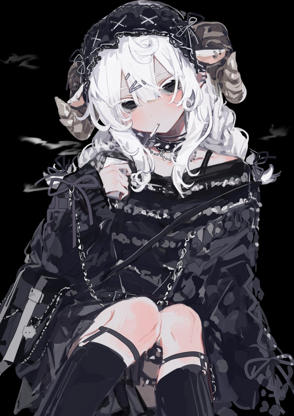 1girl animal_ears bag black_background black_eyes black_headdress black_socks chain choker cigarette ear_piercing earrings goat_ears goat_horns hair_between_eyes hair_intakes hair_ornament hairclip hand_up headdress highres horns jewelry kneehighs long_hair long_sleeves looking_at_viewer null1040 off_shoulder original piercing shoulder_bag simple_background sitting smoke smoking socks solo white_hair