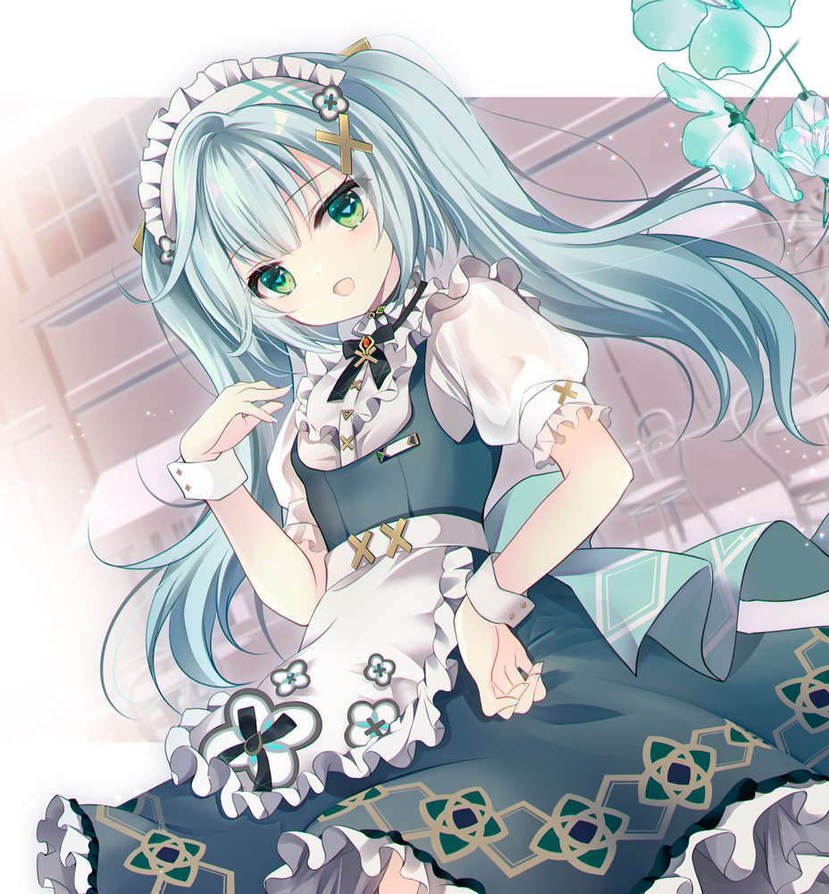 1girl :d apron black_skirt blue_flower blue_hair breasts chair commentary_request dutch_angle faruzan_(cafe)_(genshin_impact) faruzan_(genshin_impact) flower frilled_apron frilled_skirt frills genshin_impact green_eyes hair_ornament hand_on_own_hip hand_up long_hair looking_at_viewer maid maid_headdress puffy_short_sleeves puffy_sleeves shirogane_hina shirt short_sleeves skirt small_breasts smile solo table twintails very_long_hair waist_apron white_apron white_shirt wrist_cuffs x_hair_ornament