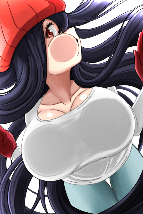 1girl absurdly_long_hair against_glass beanie black_hair blue_pants breast_press breasts breasts_on_glass brown_eyes cheek_on_glass collarbone gloves hair_between_eyes hand_on_glass hat izumo_fuuko large_breasts long_hair looking_at_viewer open_mouth pants profile red_beanie red_gloves red_headwear shirt thigh_gap undead_unluck very_long_hair white_background white_shirt yon_senpai