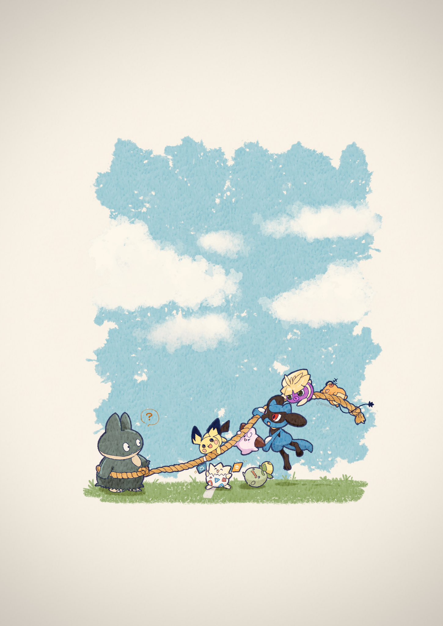 ? ^_^ animal_focus blue_sky cleffa closed_eyes cloud commentary_request dedenne highres munchlax no_humans olive on_grass pichu pokemon pokemon_(creature) red_eyes riolu rope sky smile smoliv smoochum tail togepi tug_of_war zozozoshion