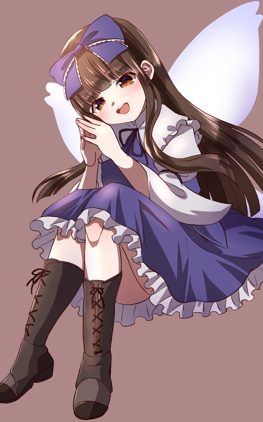 1girl ahodemoaru ass blue_bow blue_dress blush boots bow brown_background brown_eyes brown_footwear brown_hair dress fairy fairy_wings fingernails frilled_dress frills full_body hair_bow highres knee_boots long_hair long_sleeves looking_at_viewer one-hour_drawing_challenge open_mouth sleeve_garter smile solo star_sapphire thighhighs touhou wide_sleeves wings