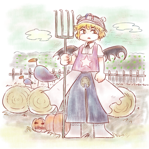 1other androgynous blonde_hair blue_pants brown_eyes chikafumikou collared_shirt day eggplant farm full_body grey_headwear hay_bale helmet holding holding_pitchfork jack-o'-lantern len'en lowres magnet open_mouth other_focus outdoors pants pitchfork puffy_short_sleeves puffy_sleeves pumpkin purple_vest shirt short_hair short_sleeves solo thighhighs umatachi_tsugumi vest white_shirt wings