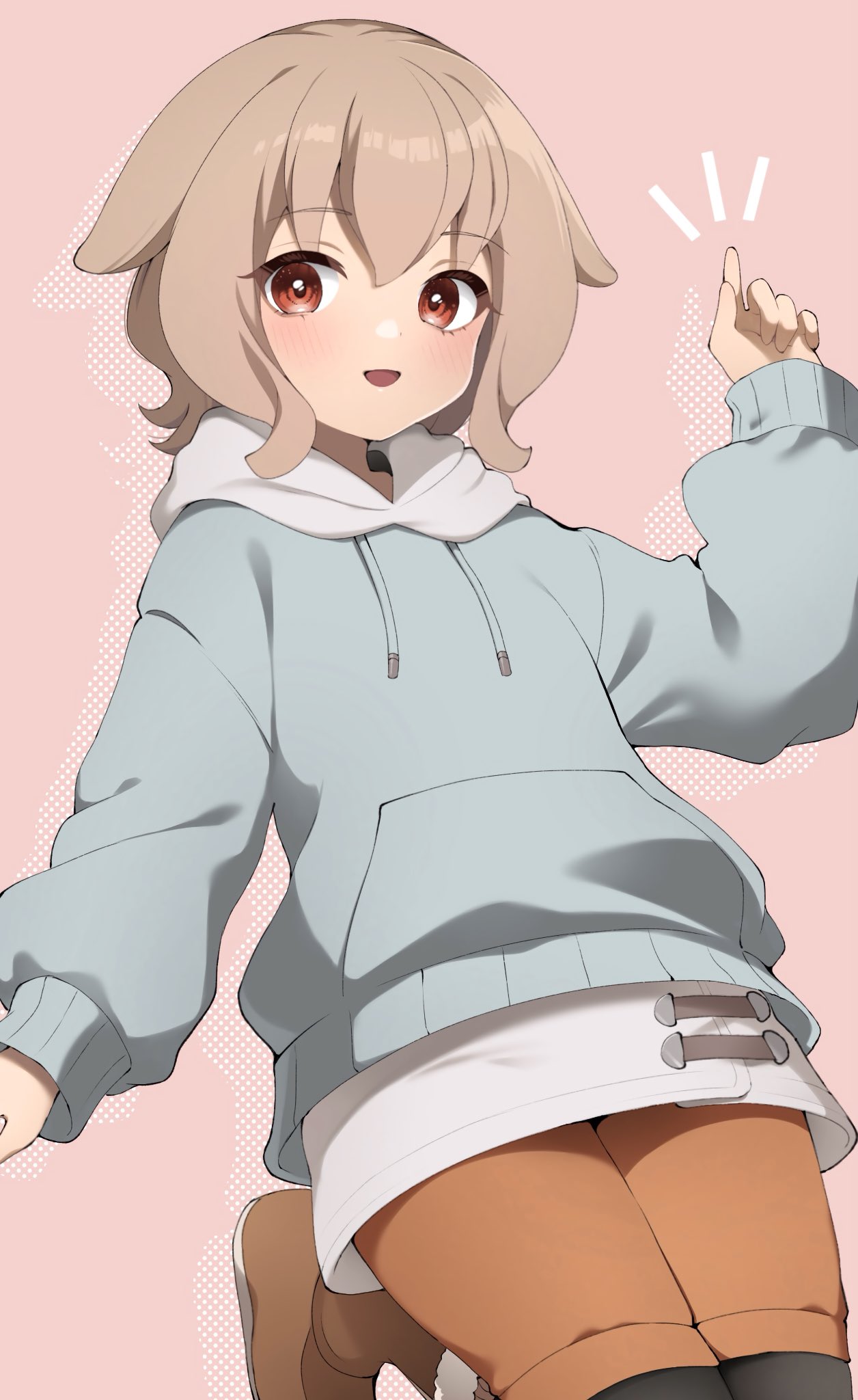 1girl atra_mixta black_pantyhose blue_hoodie blush boots brown_footwear brown_hair brown_shorts campbell_xx commentary_request drawstring fur-trimmed_boots fur_trim gundam gundam_tekketsu_no_orphans hair_flaps hand_up highres hood hoodie ibispaint_(medium) index_finger_raised long_sleeves looking_at_viewer notice_lines open_mouth pantyhose pantyhose_under_shorts pink_background red_eyes shorts simple_background smile solo white_hood