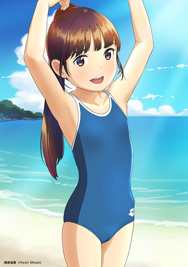 1girl arms_up beach blue_one-piece_swimsuit blush brown_eyes brown_hair cloud day flat_chest hiyori_mizuki long_hair looking_at_viewer ocean one-piece_swimsuit open_mouth original outdoors ponytail school_swimsuit sky smile solo sunlight swimsuit water