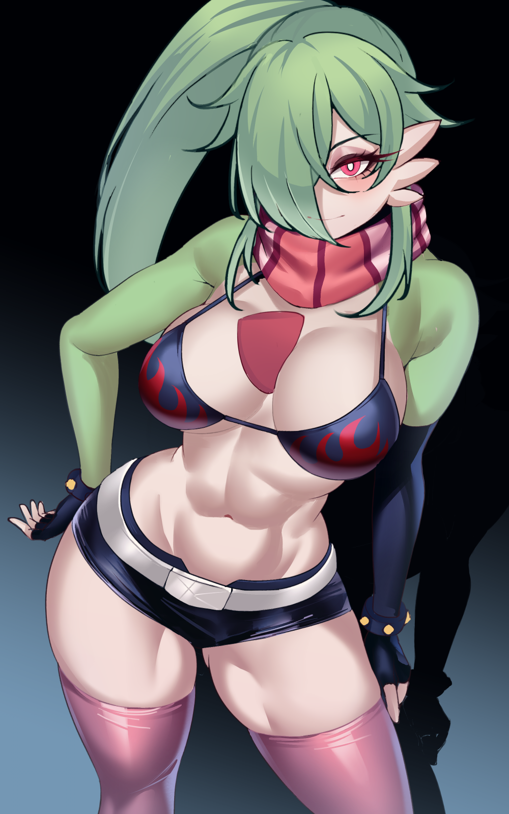 1girl arm_at_side asymmetrical_gloves bare_shoulders belt bikini bikini_top_only black_bikini black_gloves black_shorts blue_background blush breasts bright_pupils closed_mouth colored_skin commentary cosplay elbow_gloves english_commentary fingerless_gloves flame_print gardevoir gloves gradient_background green_skin hair_over_one_eye hand_on_own_hip happy highres long_hair looking_at_viewer medium_breasts multicolored_skin navel one_eye_covered personification pink_scarf pink_thighhighs pokemon pokemon_(creature) red_eyes scarf short_shorts shorts side_ponytail sidelocks simple_background smile solo stomach swimsuit tengen_toppa_gurren_lagann thighhighs thighs toned two-tone_skin uneven_gloves white_pupils white_skin yoko_littner yoko_littner_(cosplay) zwei_(saedelaere)
