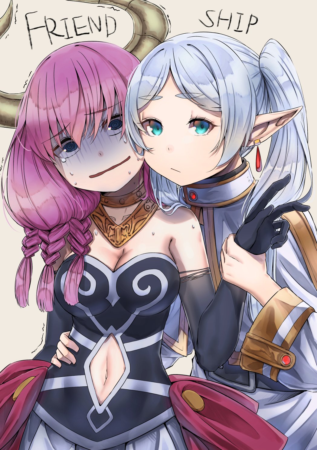 2girls arm_around_waist aura_(sousou_no_frieren) black_corset black_gloves blue_eyes braid capelet cheek-to-cheek clothing_cutout corset crying crying_with_eyes_open demon_girl demon_horns drop_earrings earrings elbow_gloves elf english_text forced_smile frieren gloves gold_necklace green_eyes grey_hair heads_together highres holding_another's_wrist horns jewelry long_hair looking_at_viewer low-braided_long_hair multiple_braids multiple_girls navel navel_cutout necklace parted_bangs pointy_ears purple_hair scared shaded_face short_eyebrows simple_background sousou_no_frieren tears trembling twintails v white_capelet white_hair zombie_mogura