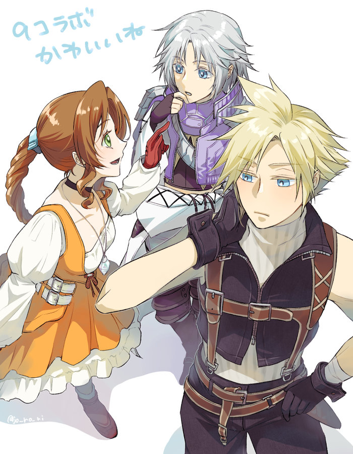 1girl 2boys aerith_gainsborough aerith_gainsborough_(garnet's_gown) aged_down aqua_ribbon armor bandaged_arm bandages belt black_choker black_gloves black_pants black_vest blonde_hair blue_eyes braid braided_ponytail breasts brown_belt brown_hair choker cleavage closed_mouth cloud_strife cloud_strife_(zidane's_outfit) collarbone cosplay cowboy_shot cropped_jacket crystal dress final_fantasy final_fantasy_ix final_fantasy_vii final_fantasy_vii_ever_crisis fingerless_gloves frilled_dress frills from_above full_body garnet_til_alexandros_xvii garnet_til_alexandros_xvii_(cosplay) gloves green_eyes grey_hair hand_on_own_hip hand_on_own_neck jacket jewelry jo_ro_ri juliet_sleeves kuja kuja_(cosplay) long_hair long_sleeves medium_breasts multiple_belts multiple_boys official_alternate_costume open_mouth orange_dress pants parted_bangs parted_lips pendant puffy_long_sleeves puffy_sleeves purple_jacket ribbon sephiroth sephiroth_(kuja's_attire) shirt short_hair shoulder_armor sidelocks single_braid sleeveless sleeveless_turtleneck smile spiked_hair turtleneck vest wavy_hair white_background white_shirt wrist_cuffs zidane_tribal zidane_tribal_(cosplay)