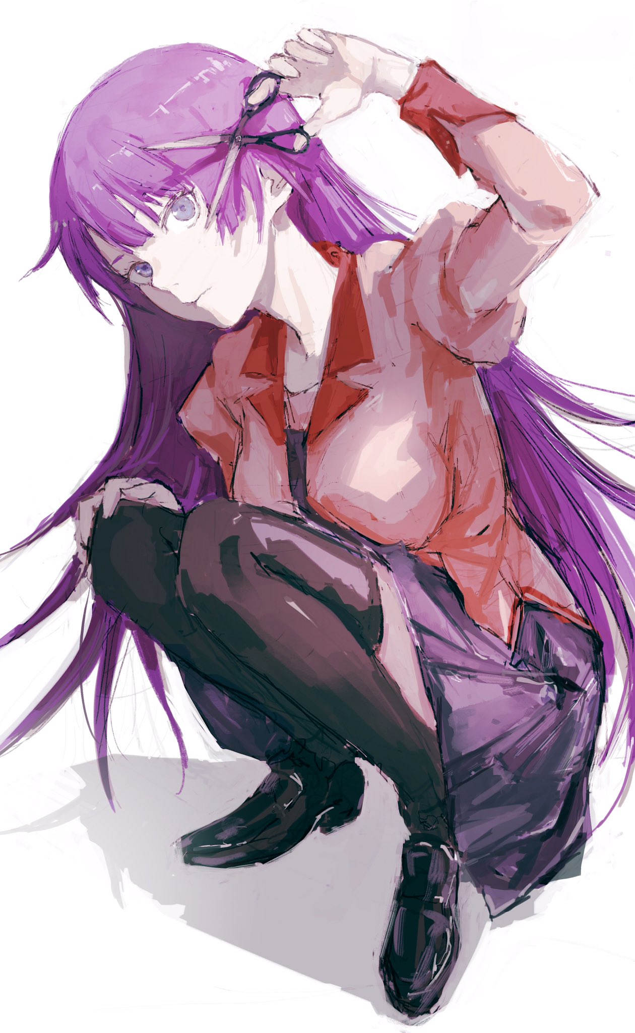 ._(kometto333) 1girl arm_up bakemonogatari black_footwear black_thighhighs blue_eyes breasts closed_mouth collared_shirt eyelashes full_body hand_on_own_knee highres holding holding_scissors juliet_sleeves large_breasts leaning_forward loafers long_hair long_sleeves looking_at_viewer miniskirt monogatari_(series) naoetsu_high_school_uniform necktie pink_shirt pleated_skirt puffy_sleeves purple_hair purple_necktie purple_skirt school_uniform scissors senjougahara_hitagi shadow shirt shoes skirt solo squatting thighhighs very_long_hair white_background