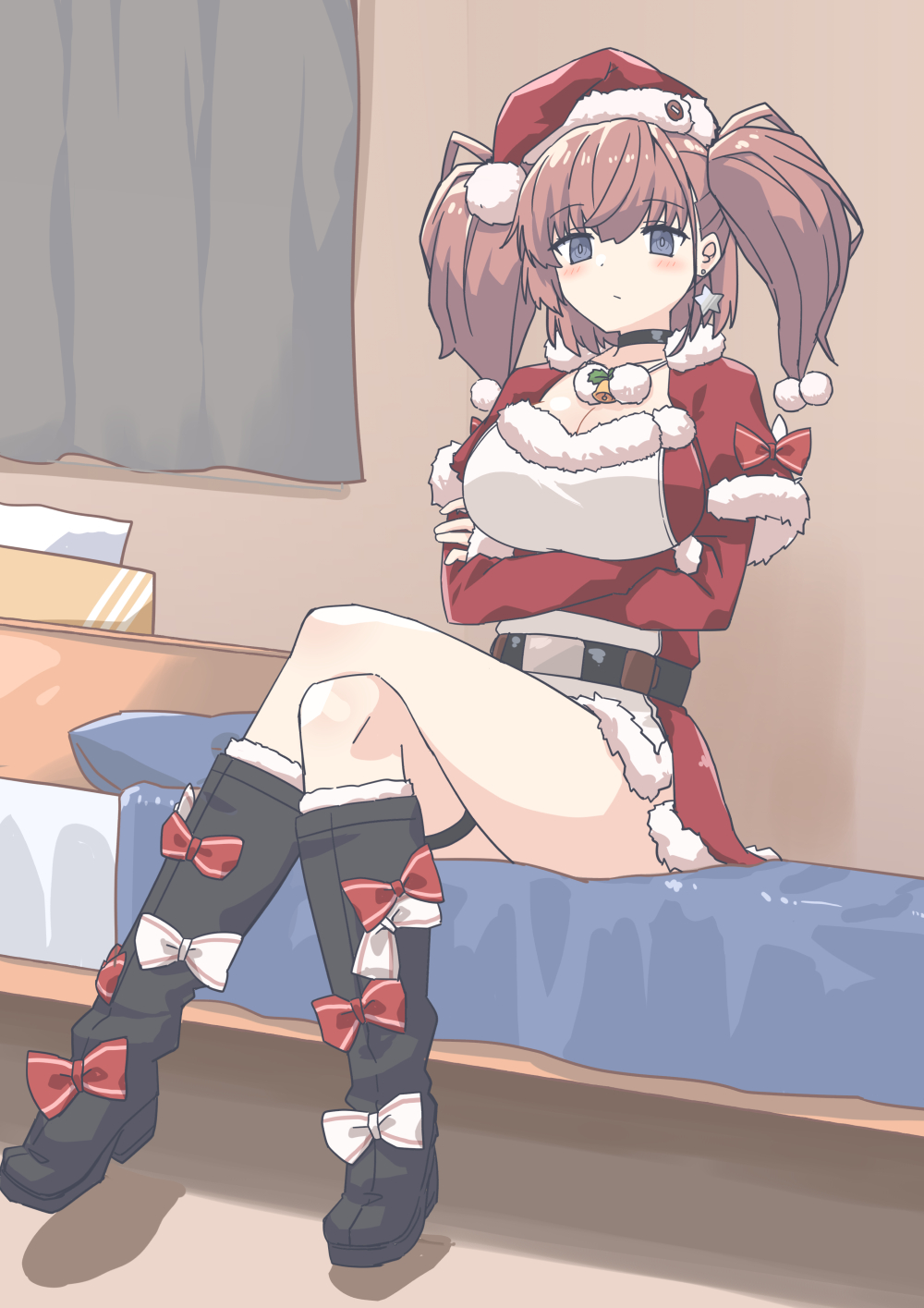 172cm 1girl atlanta_(kancolle) bedroom bell belt black_belt black_choker black_footwear blanket boots bow breasts brown_hair capelet choker cleavage crossed_arms crossed_legs curtains dress earrings full_body fur-trimmed_capelet fur-trimmed_dress fur_trim grey_eyes hat highres indoors jewelry kantai_collection large_breasts long_hair long_sleeves neck_bell on_bed pillow red_bow santa_dress santa_hat short_dress sitting solo star_(symbol) star_earrings thigh_strap thighs tissue_box two_side_up white_bow