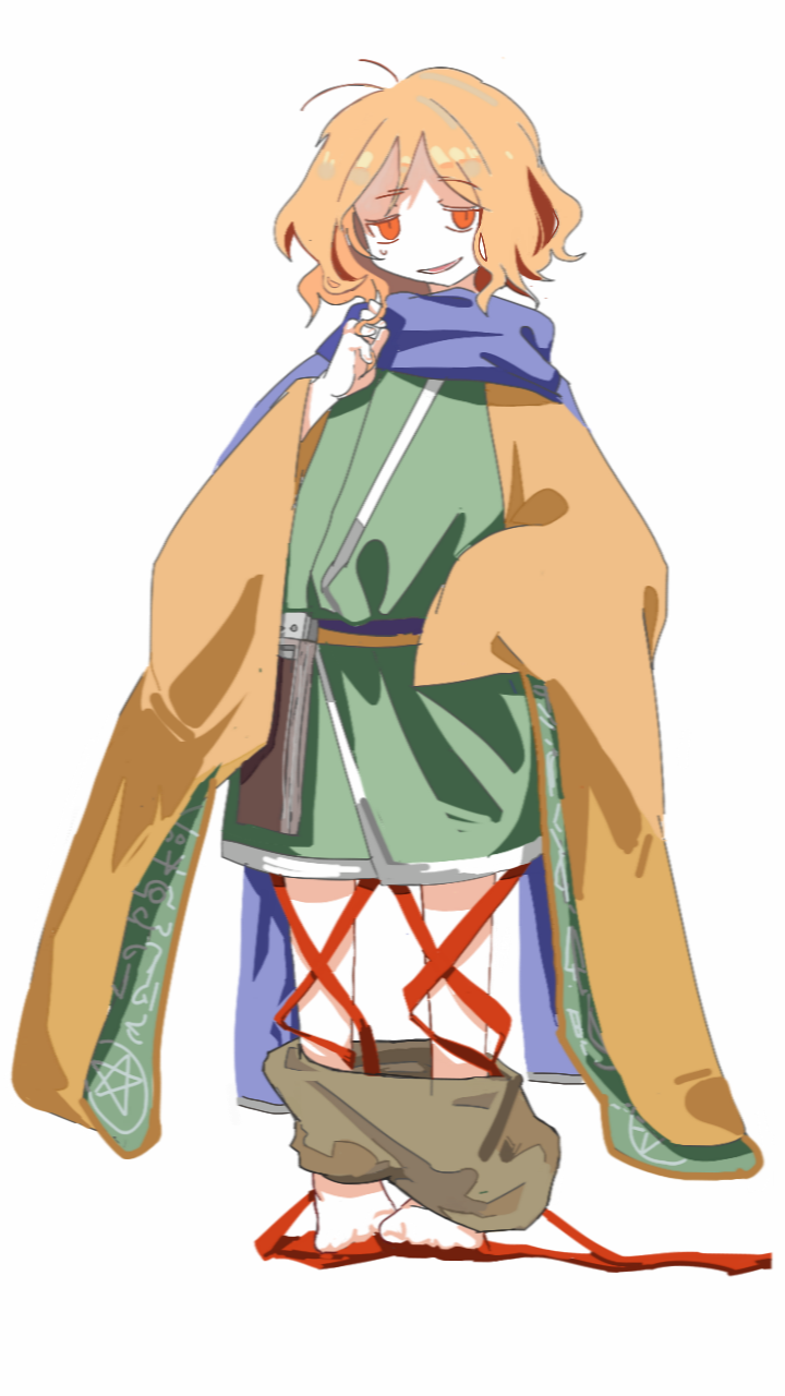 1other androgynous barefoot blue_scarf brown_shorts clothes_pull cocopalm full_body green_kimono highres jacket japanese_clothes kimono leg_ribbon len'en long_sleeves medium_hair no_nose open_clothes open_jacket open_mouth orange_eyes orange_hair orange_jacket other_focus red_ribbon ribbon scarf shorts shorts_pull simple_background smile solo standing sweat white_background zuifeng_tenkai
