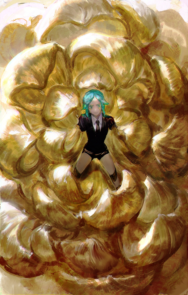 1other androgynous angry aqua_eyes aqua_hair black_necktie cracked_skin flower gem_uniform_(houseki_no_kuni) golden_arms hangleing houseki_no_kuni looking_at_viewer necktie other_focus parted_bangs phosphophyllite puffy_short_sleeves puffy_sleeves short_hair short_sleeves shorts solo striped yellow_flower