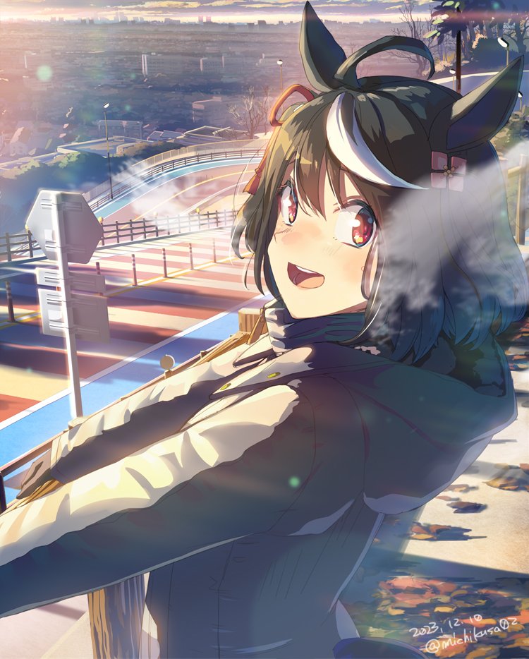 1girl ahoge animal_ears black_coat black_gloves blush breath cloud coat cold dated gloves hair_ornament horizon horse_ears horse_girl horse_tail kitasan_black_(umamusume) lens_flare long_sleeves looking_at_viewer looking_to_the_side multicolored_hair open_mouth outdoors outstretched_arms railing red_eyes road road_sign sign smile solo standing streaked_hair sunrise tail takuzui tree twitter_username umamusume upper_body