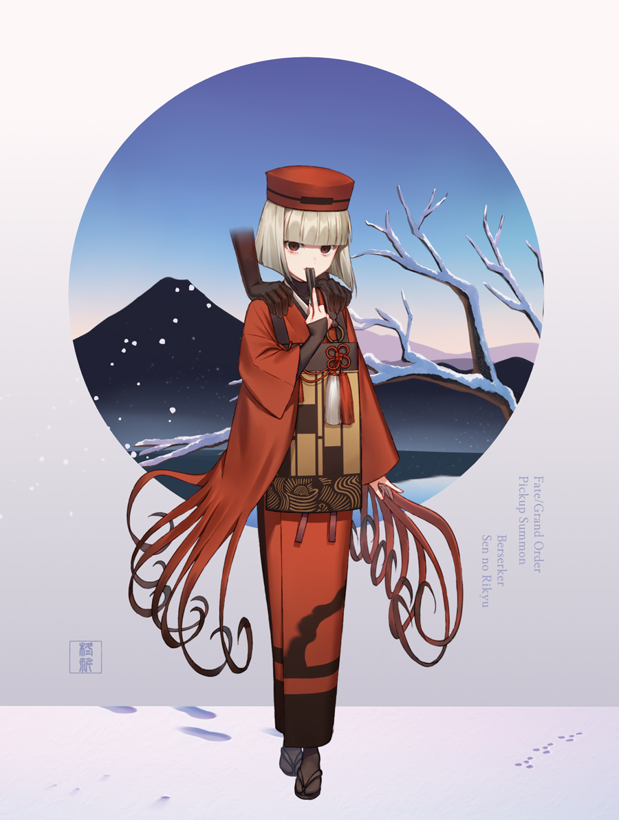 1girl bob_cut character_name copyright_name fate/grand_order fate_(series) folded_fan folding_fan footprints grey_hair hand_fan hat japanese_clothes kibou kimono red_eyes red_kimono sen_no_rikyu_(fate) snow wide_sleeves