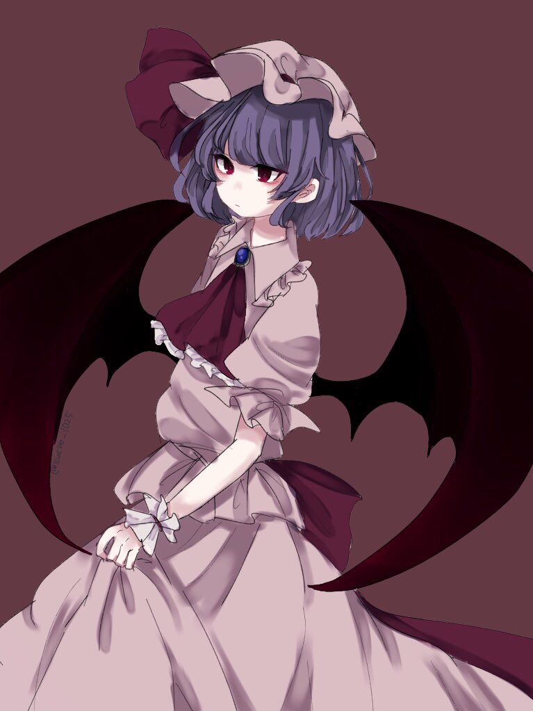 1girl ascot back_bow bat_wings blue_brooch bow brooch brown_background collared_shirt cowboy_shot frilled_ascot frilled_shirt_collar frilled_sleeves frills hat hat_ribbon jewelry kuromame1025 large_bow limited_palette mob_cap pink_headwear pink_shirt pink_skirt puffy_short_sleeves puffy_sleeves purple_hair red_ascot remilia_scarlet ribbon shirt short_sleeves skirt solo touhou wings wrist_cuffs