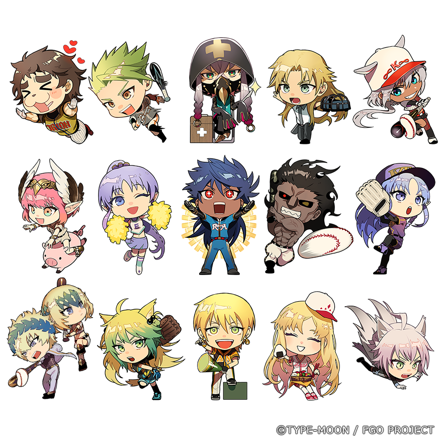 &gt;_&lt; 6+boys 6+girls :3 abs achilles_(fate) ahoge animal_ear_fluff animal_ear_piercing animal_ears asclepius_(fate) atalanta_(fate) atalanta_alter_(fate) baseball baseball_bat baseball_cap baseball_mitt baseball_uniform belt black_belt black_gloves blonde_hair blue_hair blush_stickers braid brown_eyes brown_hair caenis_(fate) castor_(fate) cheerleader chibi chiron_(fate) chopsticks closed_eyes copyright_notice cross-shaped_pupils cross_print earrings europa_(fate) euryale_(fate) fate/grand_order fate_(series) fingerless_gloves food gloves green_eyes green_hair grey_hair grin hat heracles_(fate) holding holding_baseball_bat holding_chopsticks holding_megaphone hood horse_tail jason_(fate) jewelry laurel_crown lower_teeth_only medea_(fate) medea_(lily)_(fate) megaphone midriff multiple_boys multiple_girls muscular muscular_male official_art one_eye_closed onigiri open_mouth ororooops outstretched_arms pants pig pink_hair pointy_ears pollux_(fate) pom_pom_(cheerleading) ponytail purple_hair red_eyes romulus_quirinus_(fate) short_sleeves sleeves_past_fingers sleeves_past_wrists smile sportswear spread_arms striped striped_pants sunken_cheeks super_orion_(fate) swinging symbol-shaped_pupils tail teeth thick_eyebrows transparent_background twin_braids undercut upper_teeth_only veins veiny_arms white_gloves white_headwear white_pants winged_hat