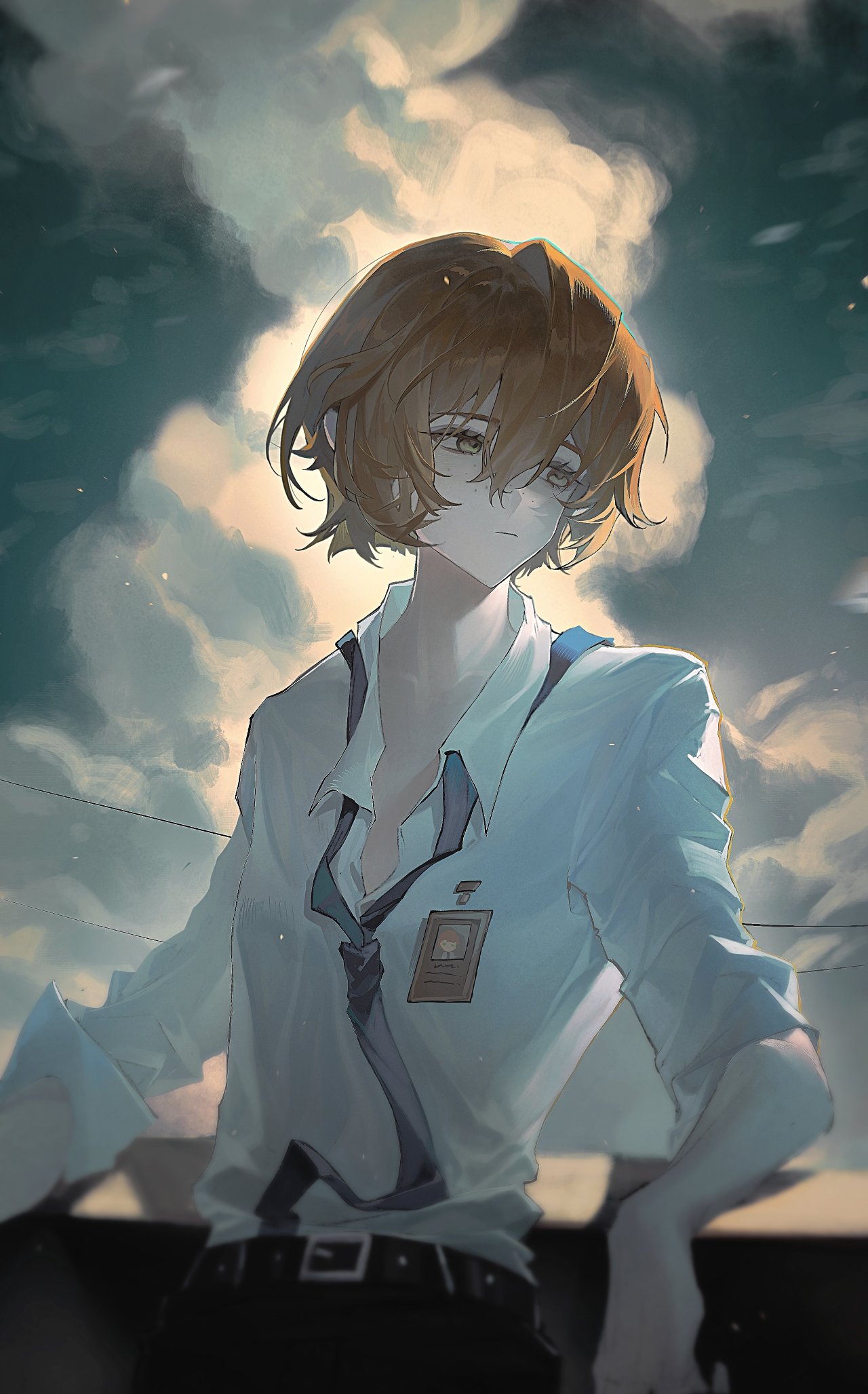 1girl belt black_belt black_pants blue_necktie closed_mouth day evening green_eyes highres id_card ishmael_(project_moon) limbus_company long_sleeves necktie orange_hair outdoors pants project_moon shirt short_hair solo sona_(lnjixn) upper_body white_shirt