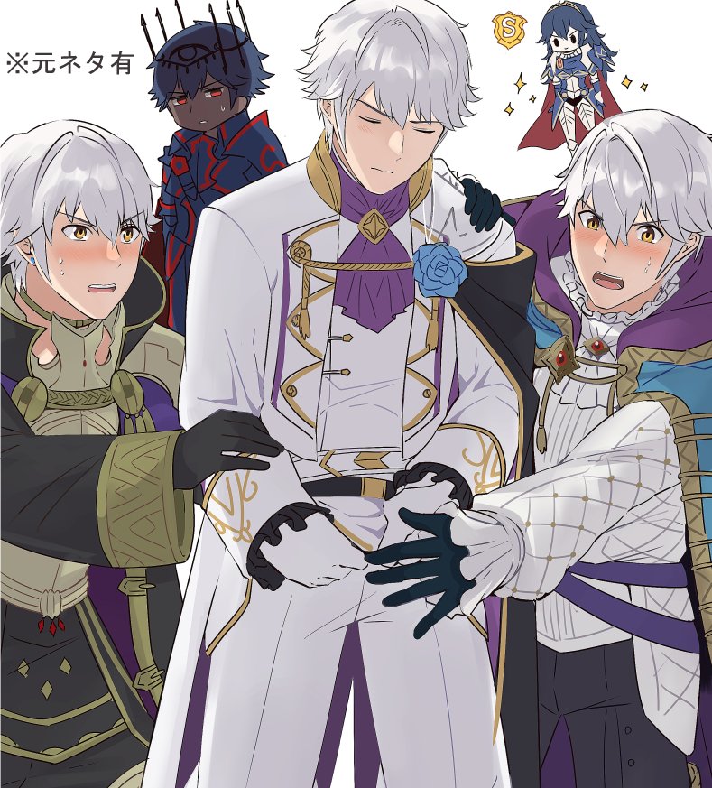 1girl 4boys ameno_(a_meno0) armor ascot black_pants black_robe blue_armor blue_flower blue_hair blue_rose blush cape chibi chrom_(fell_exalt)_(fire_emblem) chrom_(fire_emblem) closed_eyes closed_mouth commentary_request dark-skinned_male dark_persona dark_skin father_and_daughter fire_emblem fire_emblem_awakening fire_emblem_cipher fire_emblem_heroes flower gloves hair_between_eyes hand_on_another's_shoulder hood hood_down hooded_cape long_hair long_sleeves lucina_(fate's_resolve)_(fire_emblem) lucina_(fire_emblem) multicolored_cape multicolored_clothes multiple_boys multiple_persona official_alternate_costume open_mouth pants pauldrons purple_ascot red_eyes robe robin_(fire_emblem) robin_(male)_(exalt's_deliverer)_(fire_emblem) robin_(male)_(exalt's_other_half)_(fire_emblem) robin_(male)_(fire_emblem) robin_(male)_(groom)_(fire_emblem) rose shirt short_hair shoulder_armor simple_background suit sweat sweatdrop teeth tiara upper_teeth_only white_ascot white_background white_gloves white_hair white_pants white_shirt white_suit yellow_eyes