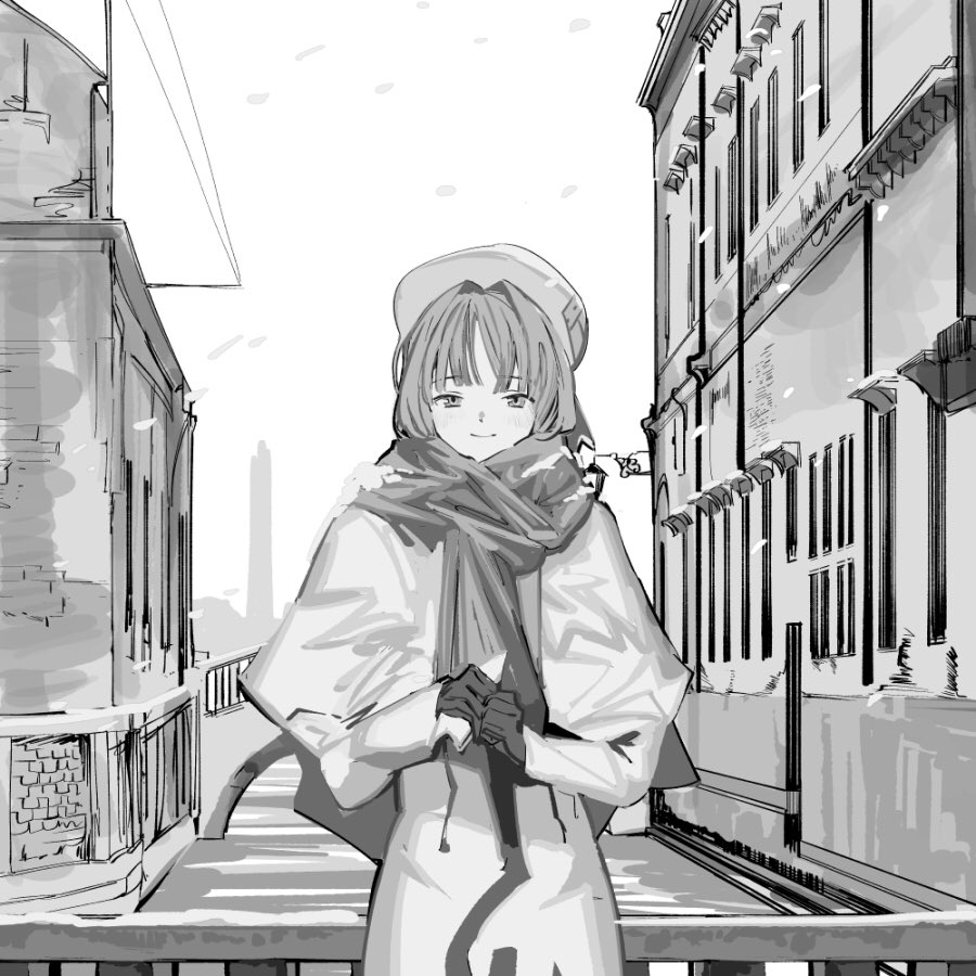 1girl aria_(manga) aria_company_uniform beret blush capelet closed_mouth cowboy_shot dress eyelashes gloves greyscale hair_intakes hat holding long_sleeves looking_at_viewer mizunashi_akari monochrome outdoors parted_bangs scarf sketch snowing solo suiso_(owp) venice