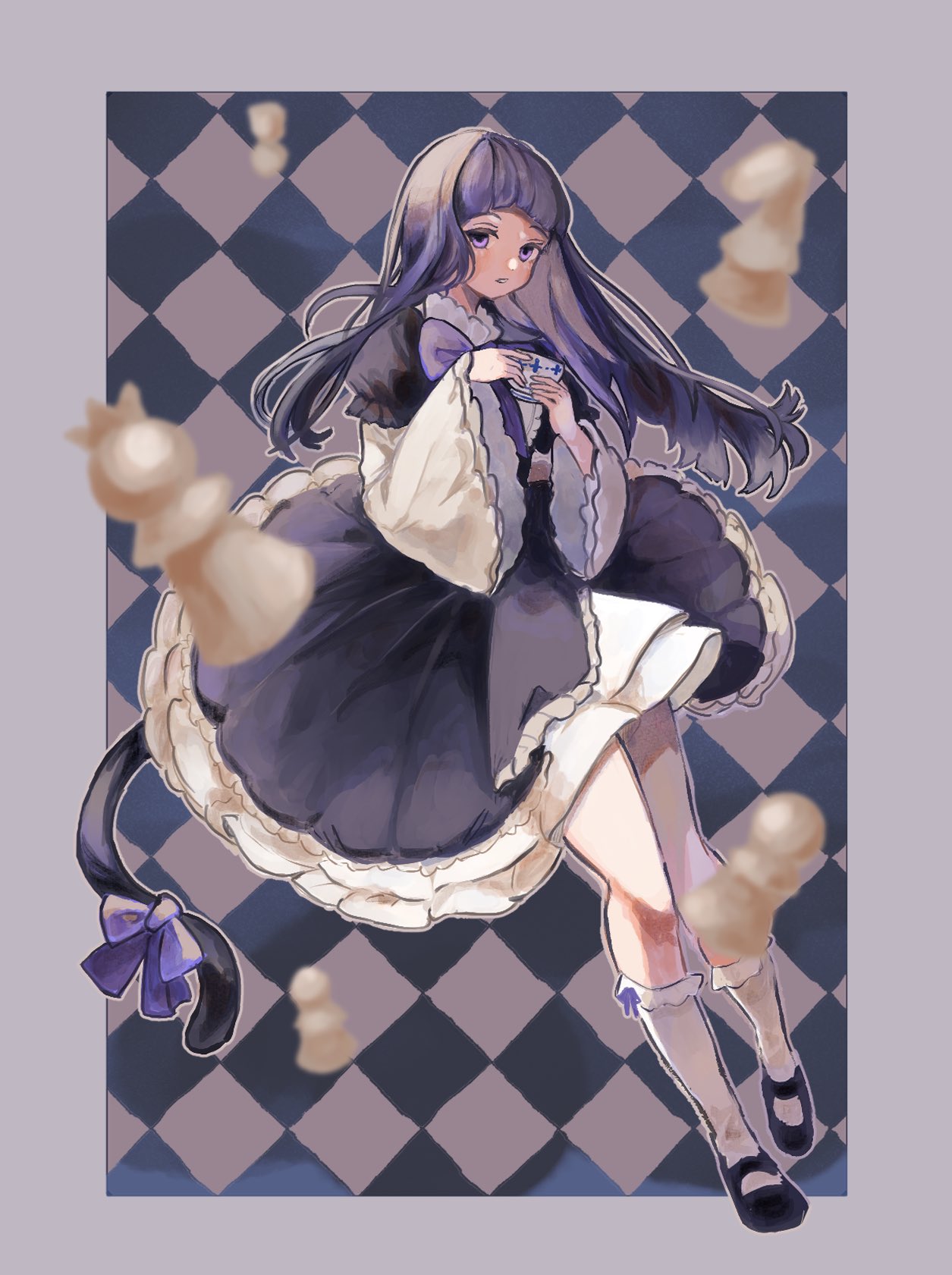 1girl aramosaurus black_dress black_footwear blue_bow blue_bowtie blue_hair blunt_bangs bow bowtie cat_tail checkered_background chess_piece cup dress frederica_bernkastel full_body hair_between_eyes highres holding holding_cup lolita_fashion long_hair long_sleeves looking_at_viewer parted_lips purple_eyes sidelocks simple_background socks solo tail umineko_no_naku_koro_ni white_socks wide_sleeves witch
