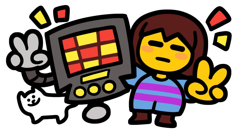 anniversary annoying_dog blue_pants blue_shirt boots brown_footwear brown_hair buttons closed_eyes closed_mouth frisk_(undertale) mechanical_arms mettaton non-humanoid_robot pants robot shirt tombstoneparty undertale white_fur