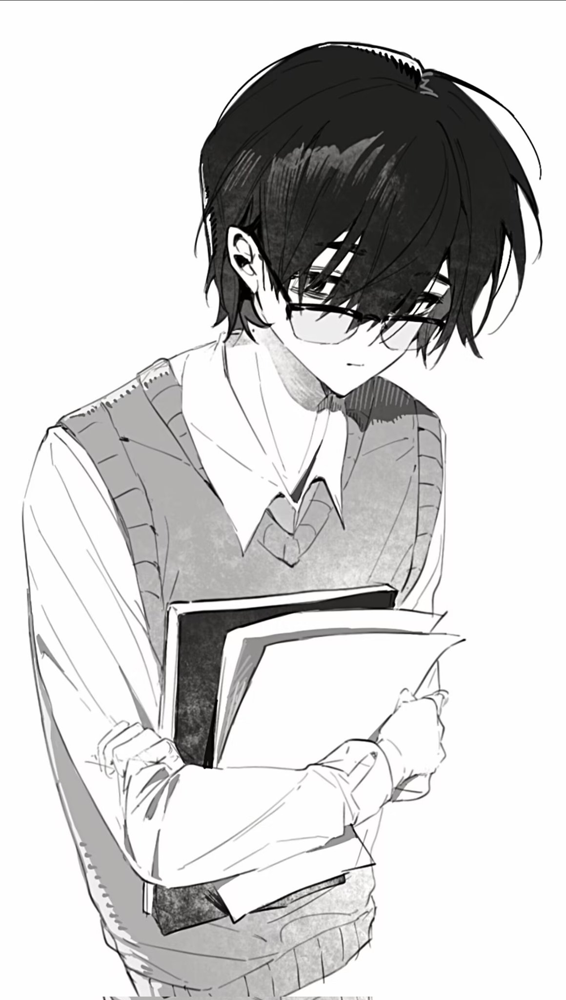 1boy book closed_mouth collared_shirt glasses greyscale highres holding holding_book limbus_company long_sleeves male_focus monochrome pages project_moon shirt simple_background solo sona_(lnjixn) sweater_vest upper_body yi_sang_(project_moon)