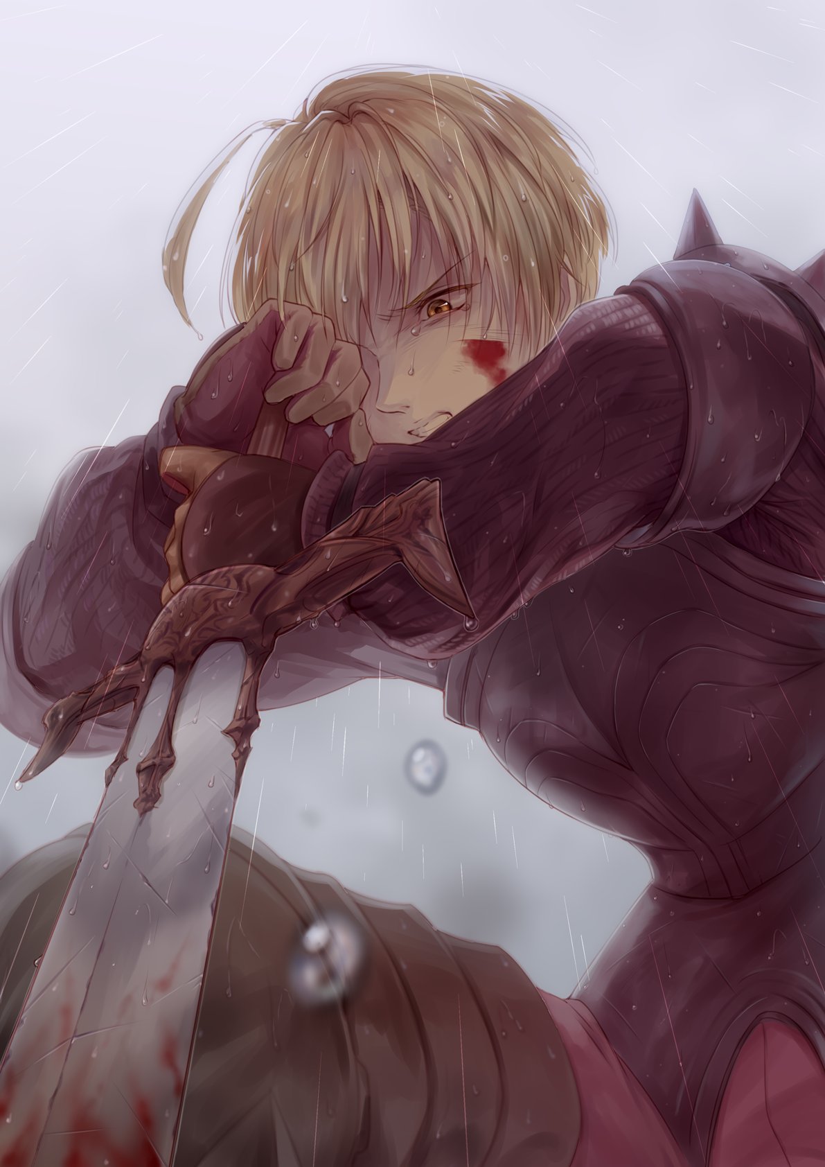 1boy ahoge angry armor black_armor blonde_hair blood blood_on_face blood_on_weapon brown_gloves brown_pants final_fantasy final_fantasy_tactics gloves grey_sky harutomuruto highres holding holding_weapon nose pants rain ramza_beoulve shoulder_armor sky solo sword tears teeth v-shaped_eyebrows weapon yellow_eyes