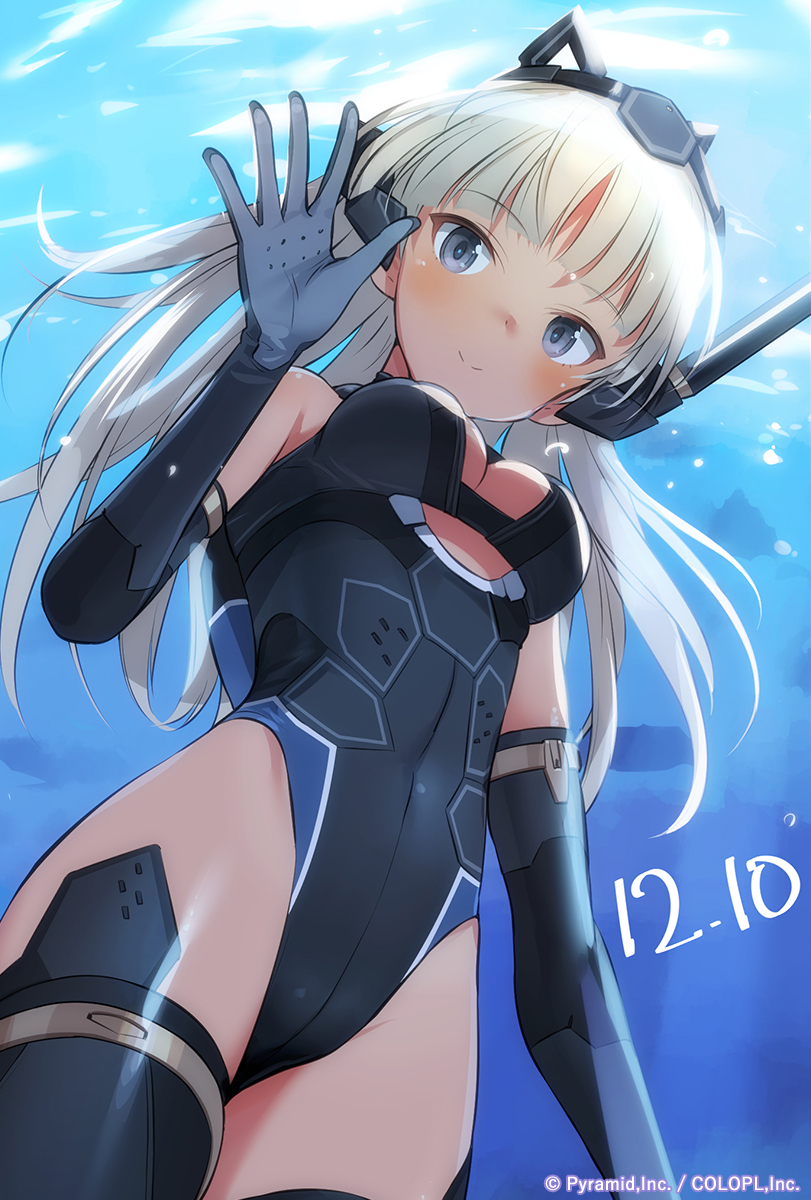 1girl alice_gear_aegis araime_yasuri black_gloves black_leotard black_thighhighs blonde_hair cleavage_cutout closed_mouth clothing_cutout copyright_name copyright_notice dated elbow_gloves gloves hand_up headgear highleg highleg_leotard highres leotard long_hair looking_at_viewer looking_down shimada_fumikane solo standing thighhighs