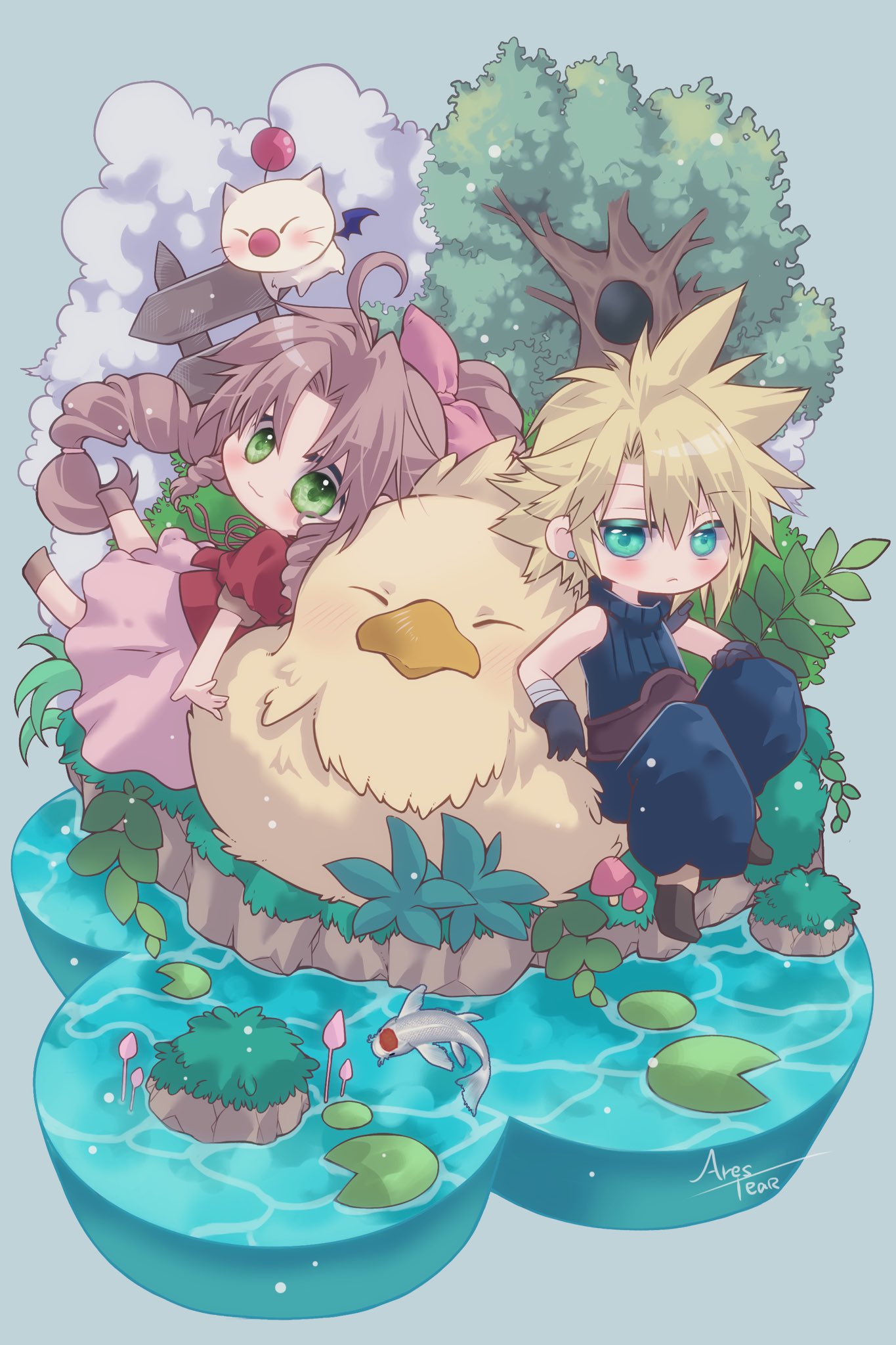 1boy 1girl :3 aerith_gainsborough ahoge aqua_eyes arestear0701 artist_name baggy_pants bandaged_arm bandages belt bird black_footwear black_gloves blonde_hair blue_pants blue_shirt blush braid braided_ponytail brown_belt brown_footwear brown_hair chibi chocobo closed_mouth cloud_strife creature cropped_jacket dress earrings fat_chocobo fence final_fantasy final_fantasy_vii final_fantasy_vii_remake fish full_body gloves green_eyes grey_background hair_between_eyes hair_ribbon hair_tie highres jacket jewelry long_dress long_hair moogle nature outdoors outstretched_arm pants parted_bangs pink_dress pink_ribbon plant puffy_short_sleeves puffy_sleeves red_jacket ribbon shirt short_hair short_sleeves sidelocks single_braid single_earring sitting sleeveless sleeveless_turtleneck spiked_hair tree turtleneck water