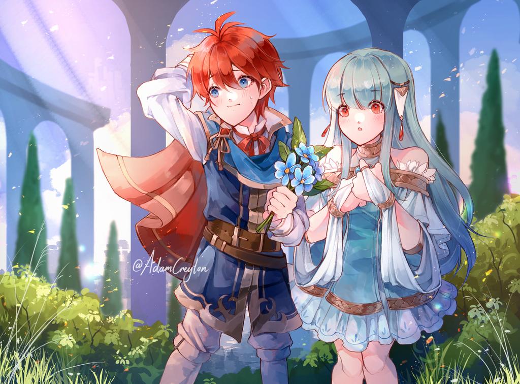 1boy 1girl aged_down alternate_costume arm_behind_back artist_name bare_shoulders blue_eyes blue_flower blush cape creyton dress eliwood_(fire_emblem) fire_emblem fire_emblem:_the_blazing_blade fire_emblem_heroes flower frilled_dress frills holding holding_flower long_hair ninian_(fire_emblem) official_alternate_costume parted_lips red_cape red_eyes red_hair white_hair