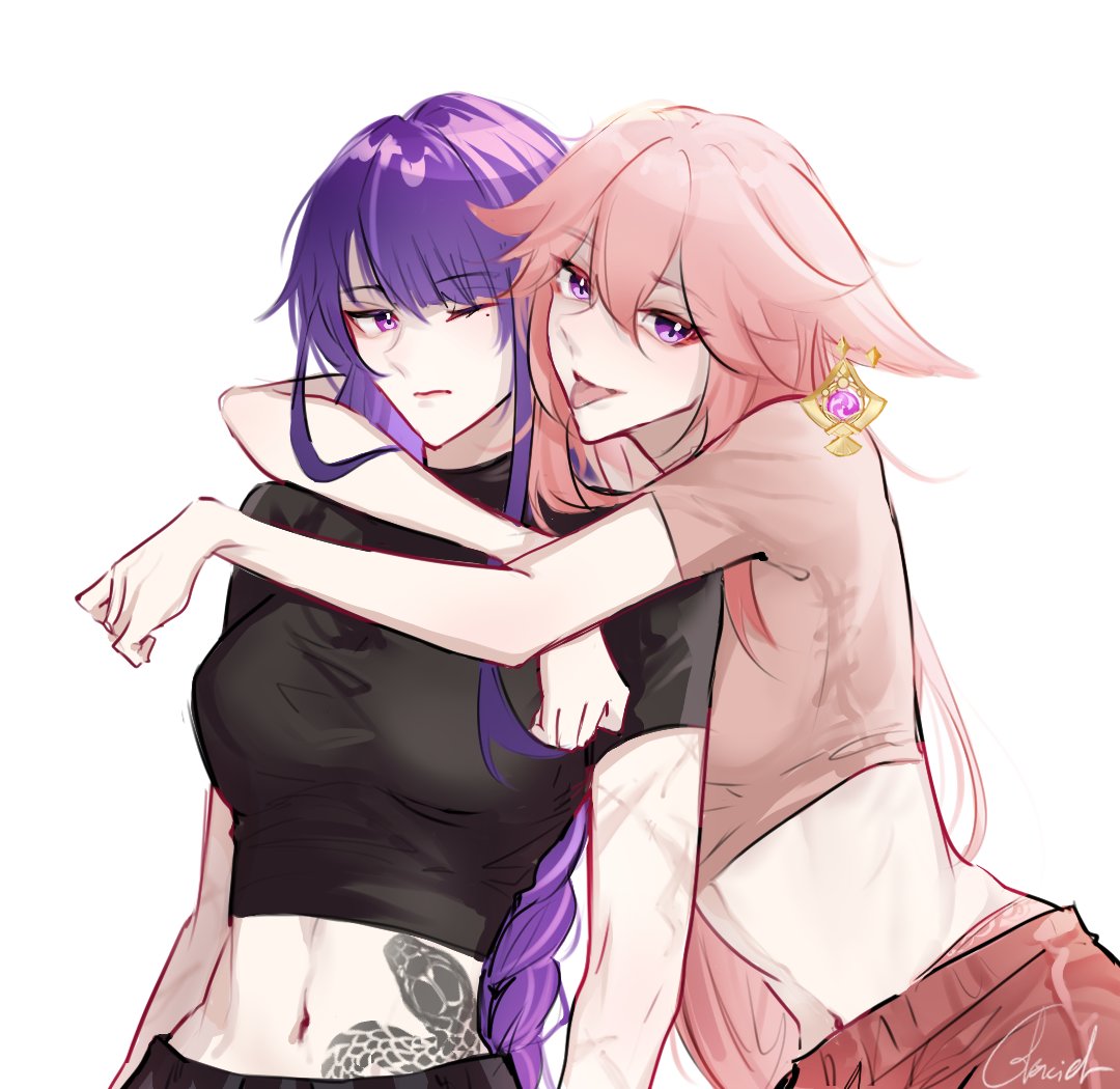 2girls :p black_shirt breasts commentary crop_top genshin_impact glaciel hug long_hair looking_at_viewer medium_breasts midriff multiple_girls navel one_eye_closed pink_hair pink_shirt purple_eyes purple_hair raiden_shogun shirt short_sleeves simple_background smile stomach stomach_tattoo tattoo tongue tongue_out upper_body very_long_hair white_background yae_miko