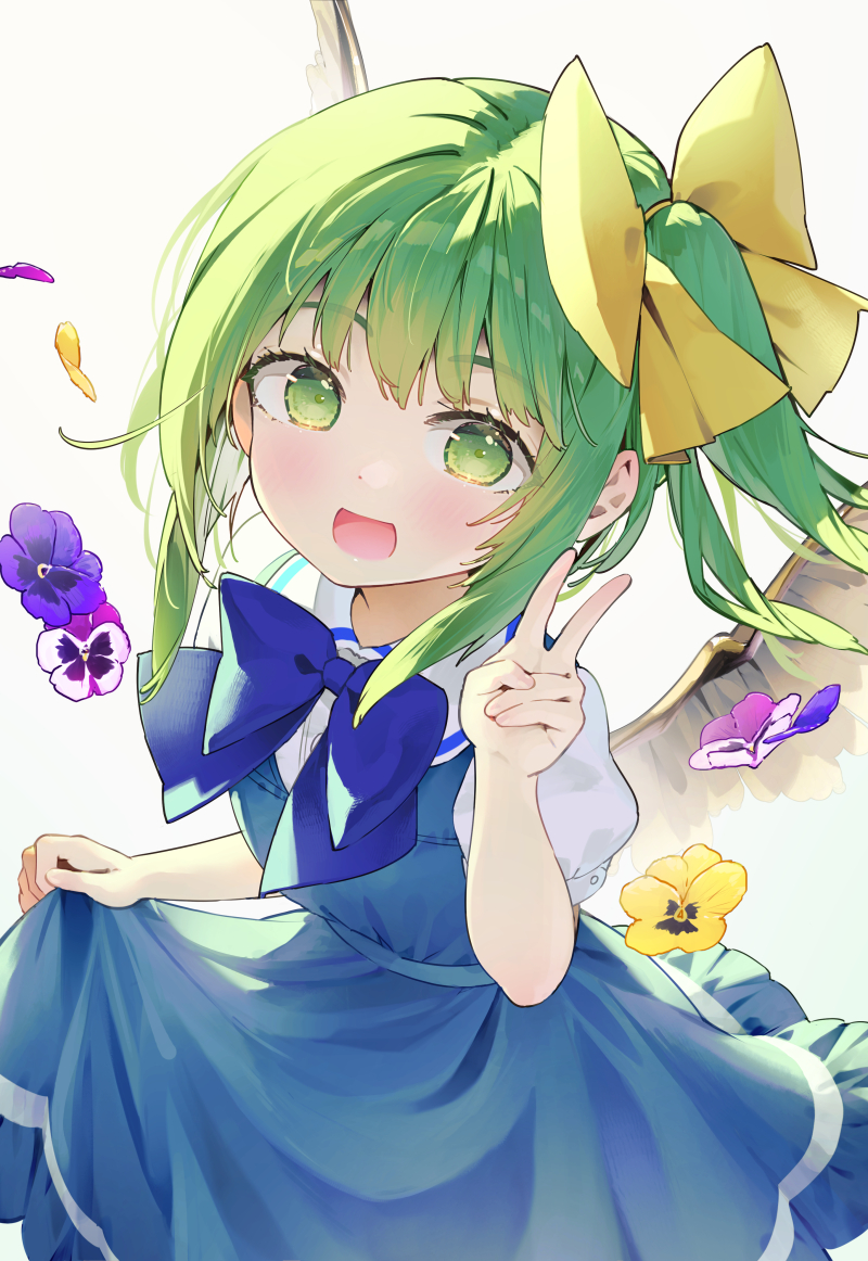 1girl blue_bow blue_bowtie blue_dress bow bowtie daiyousei dress flower green_eyes green_hair hair_ornament looking_at_viewer purple_flower smile solo syuri22 touhou v yellow_flower