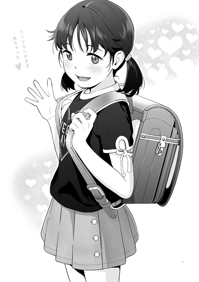 1girl backpack bag blush greyscale hiyori_mizuki looking_at_viewer monochrome open_mouth original randoseru shirt short_hair short_sleeves short_twintails skirt smile solo t-shirt twintails