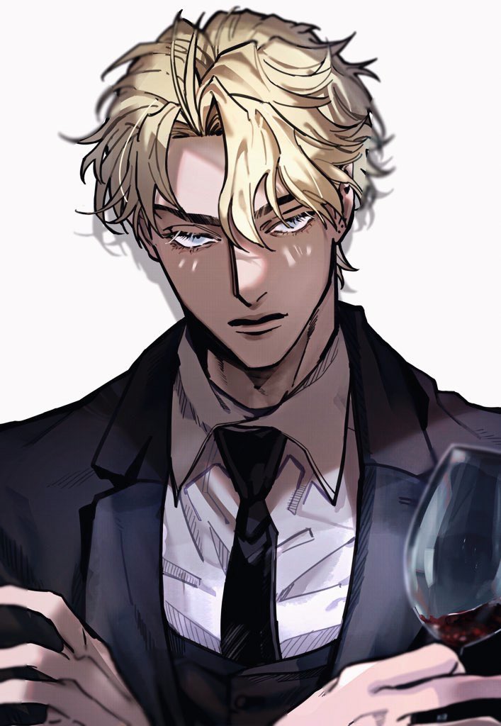 1boy alcohol black_jacket black_necktie black_vest blonde_hair collared_shirt commentary crossed_arms dio_brando drop_shadow eyelashes grey_eyes hair_between_eyes jacket jojo_no_kimyou_na_bouken looking_at_viewer male_focus necktie shirt solo vest white_shirt wine zkc_fes