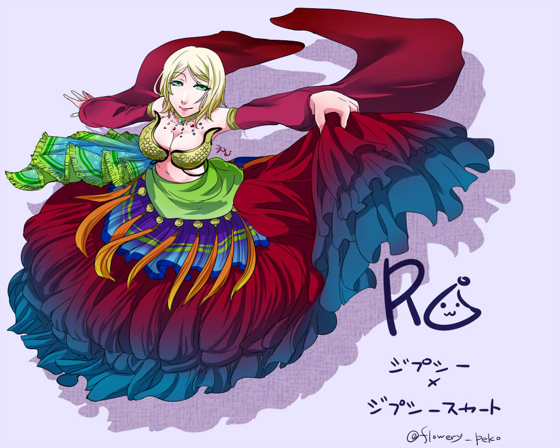 1girl bikini blonde_hair blue_gemstone blue_skirt breasts closed_mouth clothes_lift commentary_request copyright_name detached_sleeves flowery_peko frilled_skirt frills from_above full_body gem gradient_skirt green_eyes green_gemstone gypsy_(ragnarok_online) jewelry large_breasts long_skirt looking_at_viewer navel necklace parted_bangs poring purple_background purple_gemstone ragnarok_online red_gemstone red_skirt red_sleeves sequins short_hair skirt skirt_lift smile solo strapless strapless_bikini swept_bangs swimsuit translation_request wide_sleeves yellow_bikini