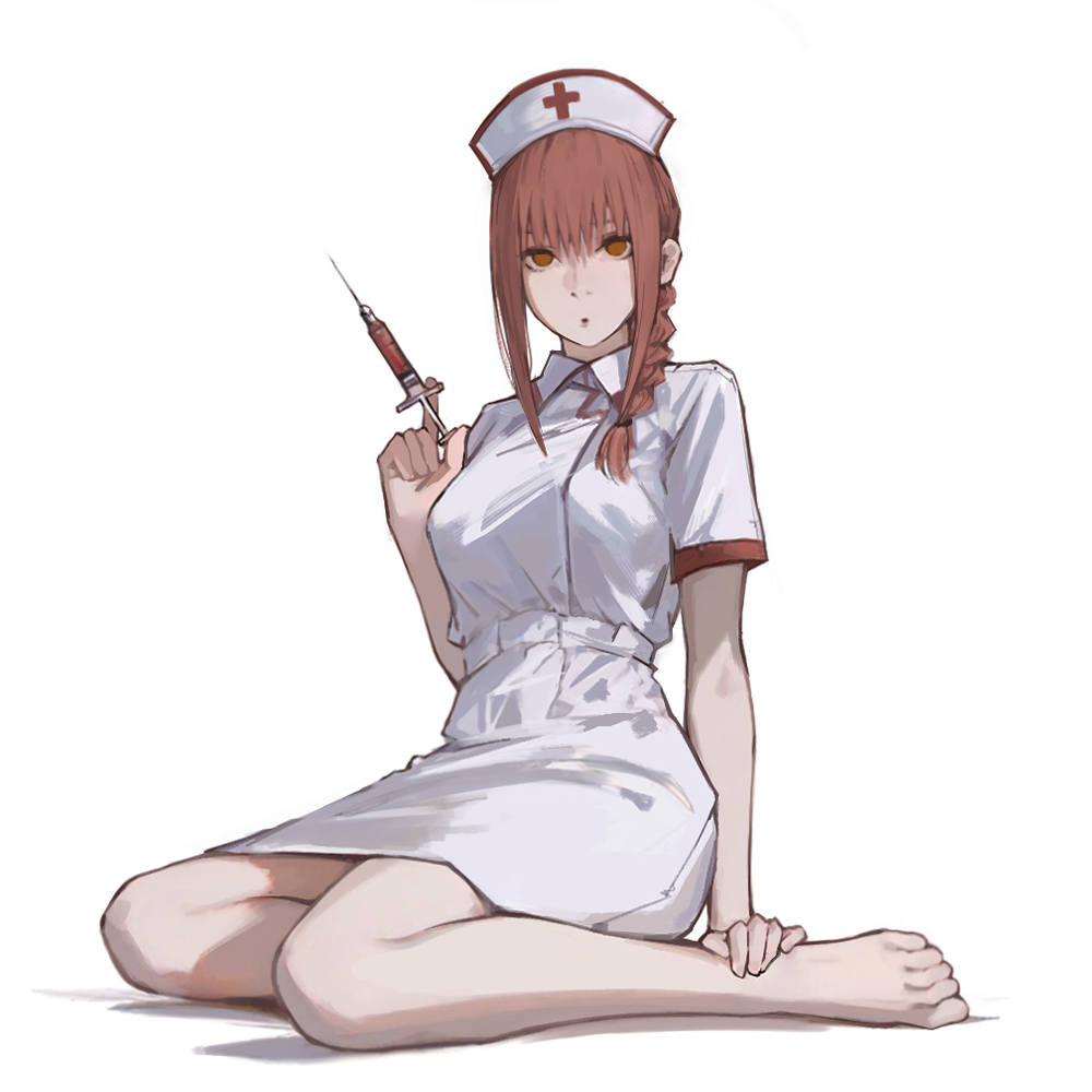1girl alternate_costume barefoot braid breasts chainsaw_man collared_dress commentary dress english_commentary feet full_body hair_between_eyes hair_over_shoulder hand_on_own_leg hand_up hat holding holding_needle legs long_hair looking_at_viewer makima_(chainsaw_man) medium_breasts needle nurse nurse_cap on_ground orange_hair shadow shoarts short_dress short_sleeves simple_background solo toes white_background white_dress white_headwear