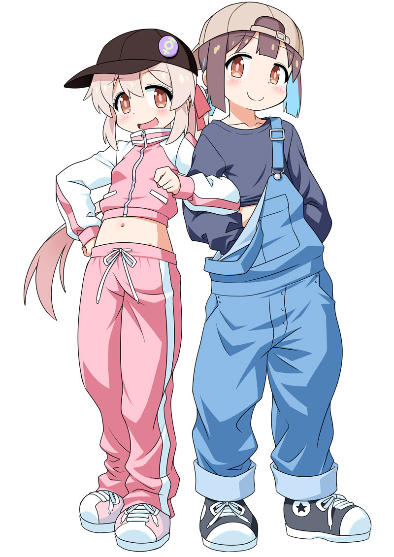 2girls :d akou_roushi alternate_costume backwards_hat baseball_cap black_shirt blue_hair blue_overalls blunt_bangs blunt_ends brown_eyes brown_hair colored_inner_hair commentary_request crop_top drawstring full_body hair_between_eyes hair_ribbon hand_on_own_hip hat hozuki_momiji light_blush locked_arms long_hair male-female_symbol midriff multicolored_hair multiple_girls navel onii-chan_wa_oshimai! open_mouth overalls oyama_mahiro pants pink_hair pink_pants ponytail red_ribbon ribbon shirt shoes short_hair short_ponytail simple_background smile sneakers standing suspenders suspenders_slip two-tone_hair very_long_hair white_background