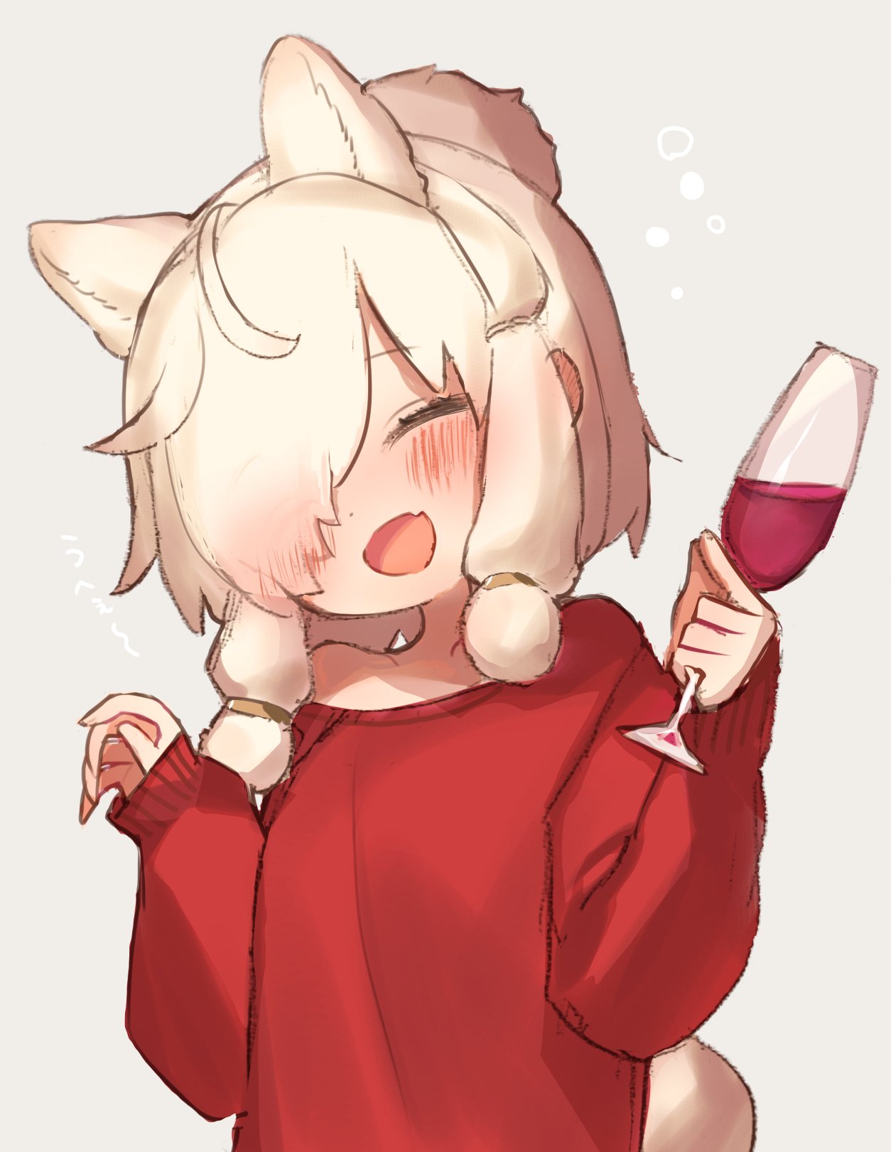 1girl alcohol alpaca_ears alpaca_girl alpaca_suri_(kemono_friends) alpaca_tail alternate_costume animal_ears blush casual closed_eyes cup drinking_glass extra_ears fang hair_bun hair_over_one_eye hair_tubes highres kemono_friends long_sleeves noamem open_mouth red_sweater short_hair sidelocks solo sweater tail upper_body white_hair wine wine_glass